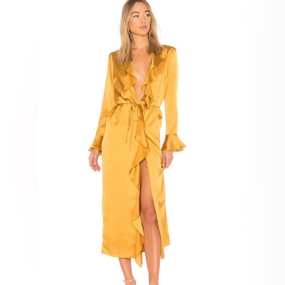 Tularosa Michelle Robe Midi Dress Mustard gold yellow satin REVOLVER